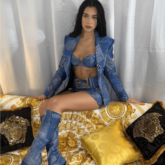 Fendace Fendi Versace Denim Bra Bustier Bralette Blue Patchwork Buckle Crop Top - Picture 2 of 11